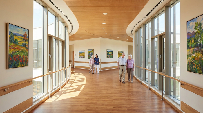 Ein heller, freundlicher Flur in einer modernen Pflegeeinrichtung, gestaltet als endloser Rundweg ohne dunkle Ecken. Warme Holzfarben und viel Tageslicht durch große Fensterfronten sorgen für eine beruhigende Atmosphäre. An den Wänden hängen farbenfrohe Landschaftsbilder.