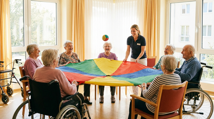 Eine kleine Gruppe von Senioren sitzt fröhlich im Kreis in einem sonnigen Gemeinschaftsraum und spielt mit einem bunten Schwungtuch. Eine engagierte Therapeutin leitet die Gruppe an. Alle lächeln und wirken aktiv und konzentriert.