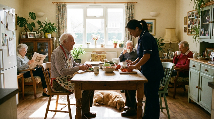 Eine gemütliche, familiäre Wohnküche in einer Senioren-Wohngemeinschaft. Ein älterer Herr mit Schürze hilft einer Betreuerin beim Schneiden von frischem Gemüse am Küchentisch. Sonnenlicht fällt durch das Fenster auf den Holztisch.