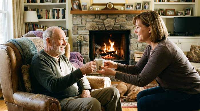 Eine fürsorgliche Betreuungskraft reicht einem lächelnden älteren Mann eine Tasse Tee im gemütlichen heimischen Wohnzimmer. Im Hintergrund brennt ein Kaminfeuer. Die Szene wirkt häuslich, sicher und sehr persönlich.