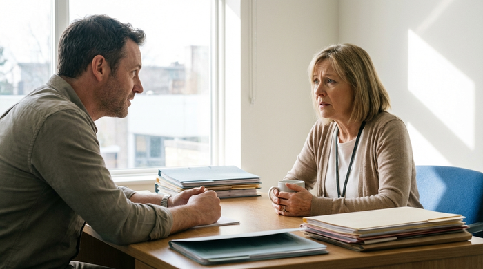 Ein freundlicher Sozialarbeiter im Gespräch mit einer besorgten Angehörigen in einem hellen Büro. Akten auf dem Tisch, professionelle und empathische Stimmung, realistischer Fotostil ohne Text.