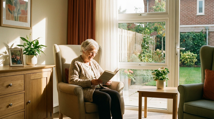 Eine ältere Dame sitzt entspannt in einem gemütlichen Sessel in einem modernen Pflegeheimzimmer und liest ein Buch. Helles Tageslicht fällt durch das Fenster, warme und beruhigende Farben.