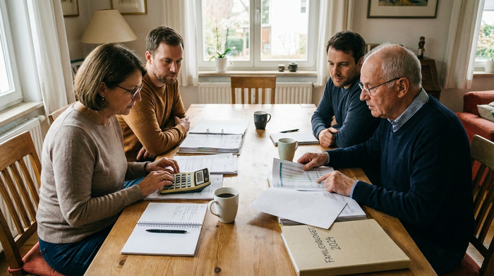 Eine Familie sitzt gemeinsam an einem Esstisch und bespricht Dokumente. Ein Taschenrechner und Papiere liegen auf dem Tisch, konzentrierte aber ruhige Atmosphäre bei der Finanzplanung.