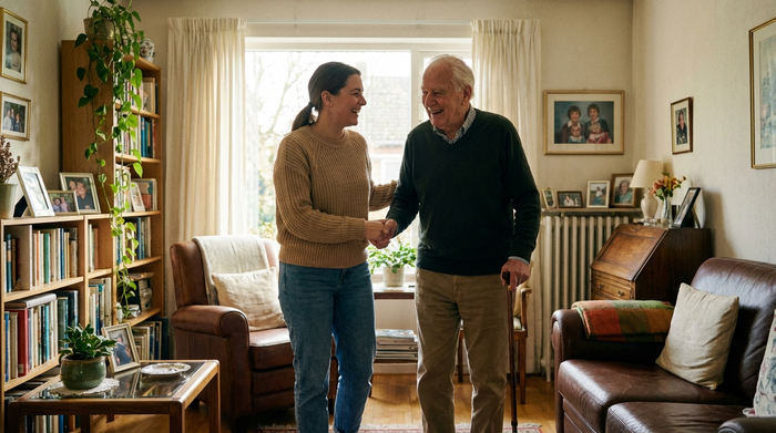 Eine freundliche Pflegekraft in Alltagskleidung unterstützt einen lächelnden Senior beim Gehen im eigenen, gemütlichen Wohnzimmer. Helle, vertraute Umgebung, positive und respektvolle Stimmung.