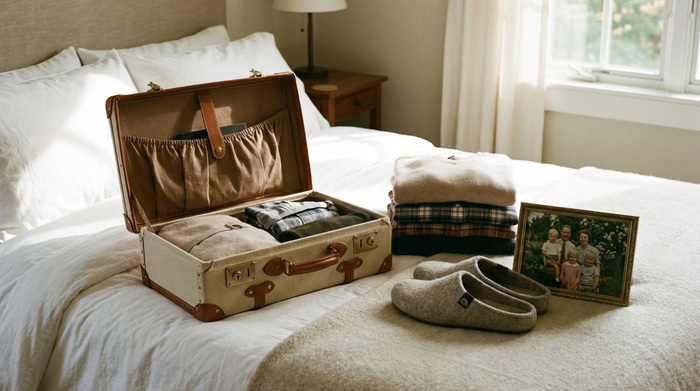 Ein ordentlich gepackter kleiner Koffer auf einem frisch bezogenen Bett. Daneben liegen ordentlich gefaltete weiche Kleidung, ein Paar sichere Hausschuhe und ein vertrautes gerahmtes Familienfoto.