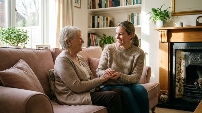 Eine ältere Dame und ihre erwachsene Tochter sitzen entspannt auf einem bequemen Sofa im heimischen Wohnzimmer. Die Tochter hält liebevoll die Hand ihrer Mutter. Beide lächeln erleichtert und glücklich. Gemütliche, aufgeräumte Umgebung, realistisch.