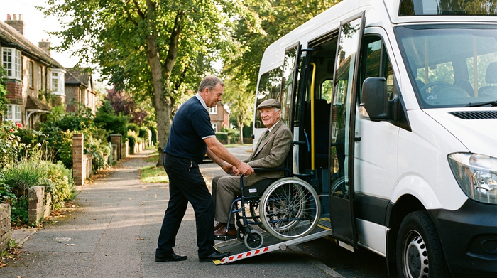 Ein gepflegter älterer Herr im Rollstuhl wird von einem freundlichen Fahrer mit einer Rampe sicher in einen modernen, weißen Kleinbus gehoben. Ruhige Wohnstraße mit Bäumen im Hintergrund, sonniges Wetter. Realistische Darstellung ohne lesbare Beschriftungen.