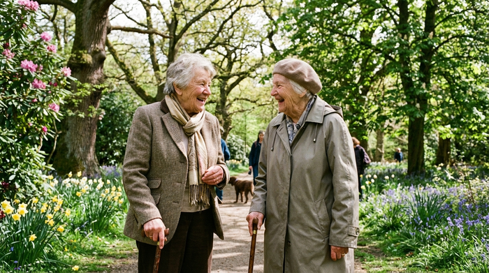 Zwei ältere Frauen unterhalten sich angeregt bei einem Spaziergang in einem gepflegten, grünen Park mit alten Bäumen. Sie stützen sich leicht auf ihre Gehstöcke. Frühlingshafte, friedliche Stimmung, realistisch und detailreich.