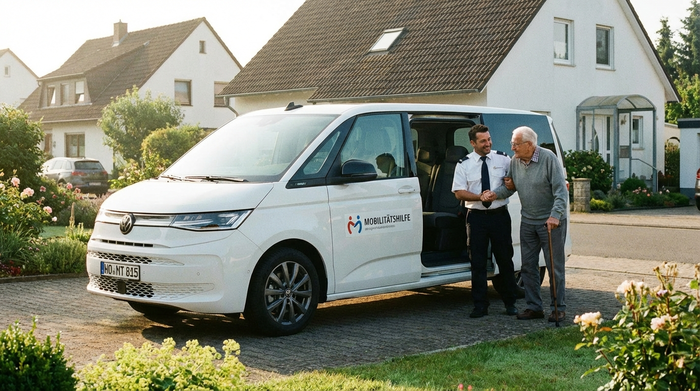 Ein moderner, weißer Kleinbus parkt vor einem gepflegten Einfamilienhaus. Ein freundlicher Fahrer begleitet einen älteren Herrn am Arm langsam zur geöffneten Beifahrertür. Helles Morgenlicht, friedliche Vorstadtidylle, realistische Szene.