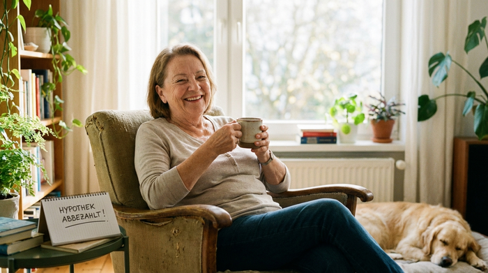 Eine entspannte, lächelnde ältere Frau sitzt in einem gemütlichen Sessel in einem hellen Wohnzimmer und hält eine Kaffeetasse. Im Hintergrund ein unscharfes, sonniges Fenster. Ruhige, sorgenfreie Atmosphäre, die finanzielle Entlastung symbolisiert.