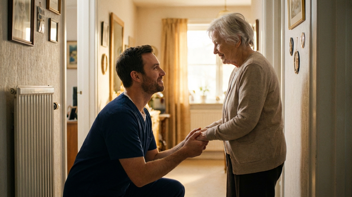 Ein einfühlsamer Pfleger kniet leicht vor einer älteren Dame im Flur eines Hauses und hält beruhigend ihre Hände. Beide blicken sich freundlich an. Warme, verständnisvolle Atmosphäre, sanftes Licht, Fokus auf Vertrauen und Empathie.