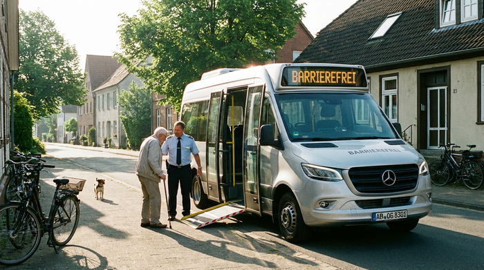 Ein moderner, barrierefreier Kleinbus mit geöffneter Seitentür steht in einer sonnigen, ruhigen Wohnstraße. Ein freundlicher Fahrer hilft einem älteren Herrn mit Gehstock behutsam beim Einsteigen. Klare, realistische Szene, morgendliches Sonnenlicht.