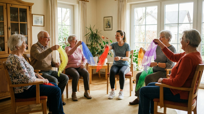 Eine Gruppe fröhlicher Senioren sitzt in einem Stuhlkreis in einem hellen, gemütlichen Raum. Sie machen leichte Gymnastikübungen mit bunten Tüchern. Eine motivierte Therapeutin leitet die Gruppe an. Fokus auf Geselligkeit und sanfte Bewegung, ohne Text.