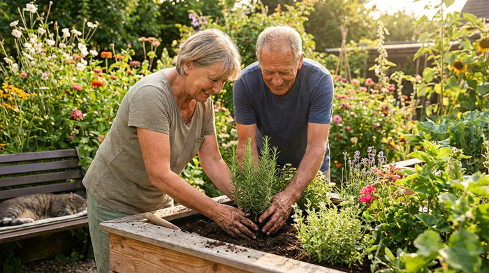Zwei ältere Menschen arbeiten hochkonzentriert an einem Hochbeet in einem gepflegten Garten. Sie pflanzen frische Kräuter ein. Erde an den Händen, grüne Pflanzen, sonniges Wetter, entspannte und therapeutische Atmosphäre.