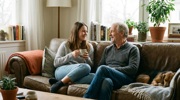 Eine entspannte Familie, bestehend aus einer Tochter und ihrem älteren Vater, sitzt auf einem gemütlichen Sofa im heimischen Wohnzimmer. Die Tochter hält eine Kaffeetasse, beide lächeln sich glücklich an. Ruhige, harmonische Stimmung.