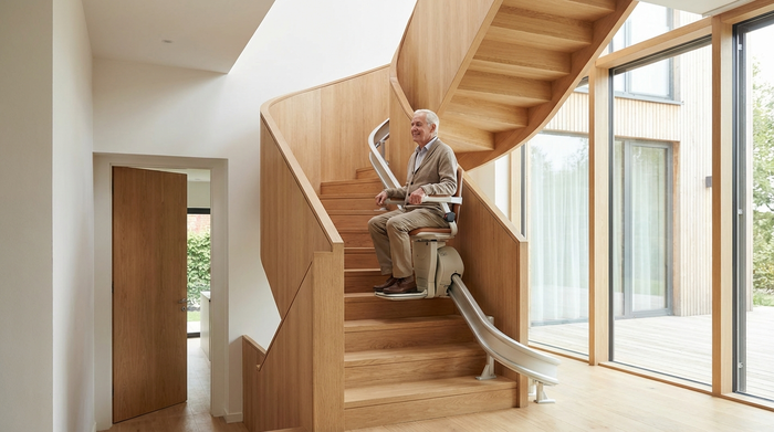 Ein eleganter Treppenlift an einer geschwungenen Holztreppe in einem modernen, hellen Einfamilienhaus. Ein älterer Mann fährt sicher und entspannt nach oben. Helle Umgebung, klare Architektur, realistisch.