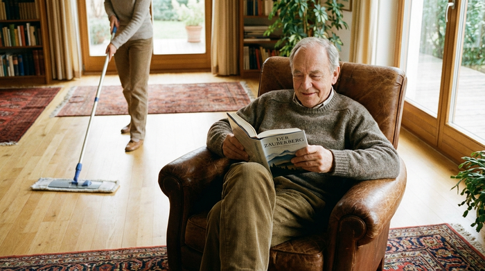 Ein älterer Herr sitzt entspannt in einem weichen Sessel und liest ein Buch, während im Hintergrund eine Reinigungskraft leise den hellen Holzboden wischt. Warme Farben, saubere Umgebung, entspannte Stimmung ohne Text.
