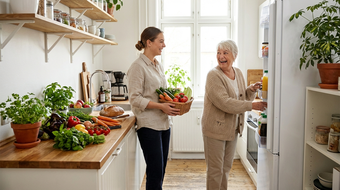 Eine freundliche Alltagsbegleiterin und eine ältere Frau räumen gemeinsam frische Lebensmittel in eine aufgeräumte Küche ein. Beide lächeln, frisches Gemüse liegt auf der Arbeitsplatte, helle und freundliche Küche.