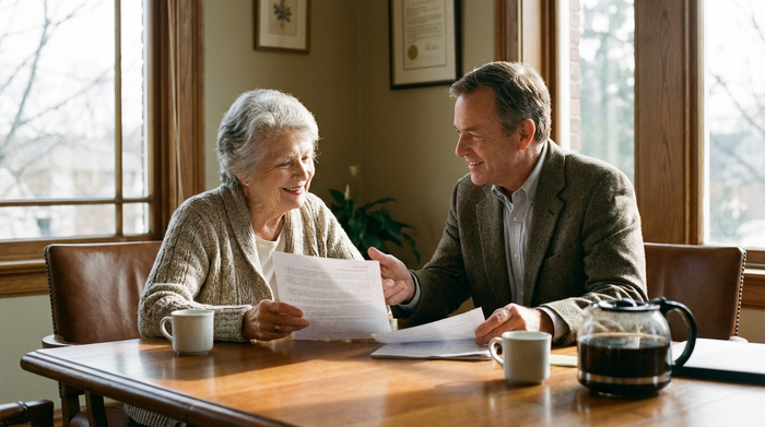 Eine ältere Dame und ein Berater sitzen an einem Holztisch und besprechen freundlich Unterlagen. Helles Tageslicht, seriöse und vertrauensvolle Gesprächsatmosphäre, keine lesbaren Texte auf den Papieren.