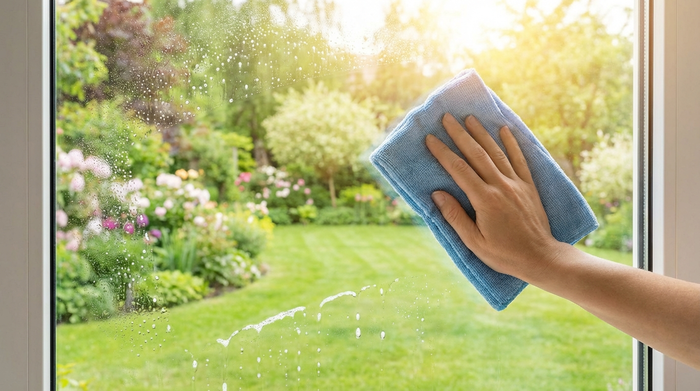 Ein strahlend sauberes Fenster mit Blick auf einen grünen Garten. Eine Hand mit einem weichen Mikrofasertuch poliert sanft das Glas im warmen Frühlingslicht. Sauberkeit und Frische stehen im Vordergrund.