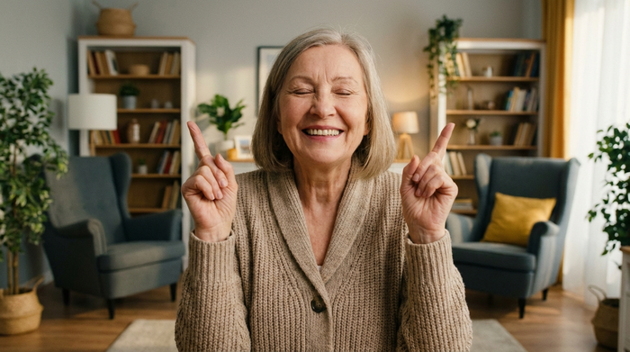 Eine glückliche Seniorin hakt lächelnd imaginäre Punkte in der Luft ab, sie wirkt erleichtert und zufrieden. Im Hintergrund ein aufgeräumtes, gemütliches Wohnzimmer. Fokus auf Erleichterung und klare Struktur.