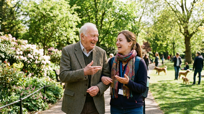 Ein älterer Herr und eine jüngere Betreuerin spazieren fröhlich durch einen grünen Park in der Sonne. Beide lachen und unterhalten sich angeregt.