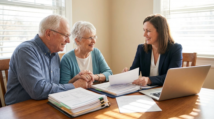 Ein älteres Ehepaar sitzt mit einer Beraterin am Tisch, vor ihnen liegen geordnete Dokumente. Sie besprechen entspannt finanzielle Angelegenheiten.