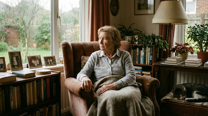 Eine nachdenkliche ältere Dame sitzt in einem gemütlichen Sessel in ihrem Wohnzimmer und blickt aus dem Fenster. Ruhige, leicht melancholische Stimmung.