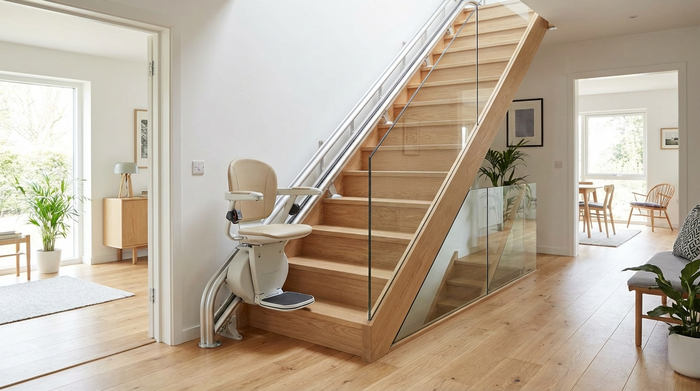 Ein moderner Treppenlift in einem gepflegten Einfamilienhaus. Helle Holztreppe, elegantes Design, sichere und barrierefreie Wohnumgebung.