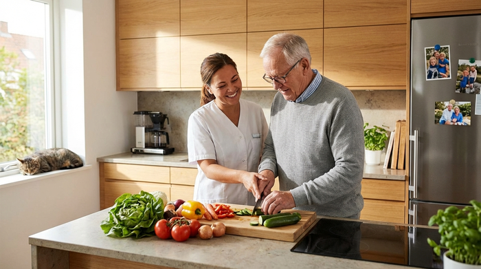 Eine fürsorgliche Betreuungskraft hilft einem älteren Herrn beim Kochen in einer sauberen, modernen Küche. Frisches Gemüse liegt auf dem Schneidebrett. Angenehme, familiäre Atmosphäre.