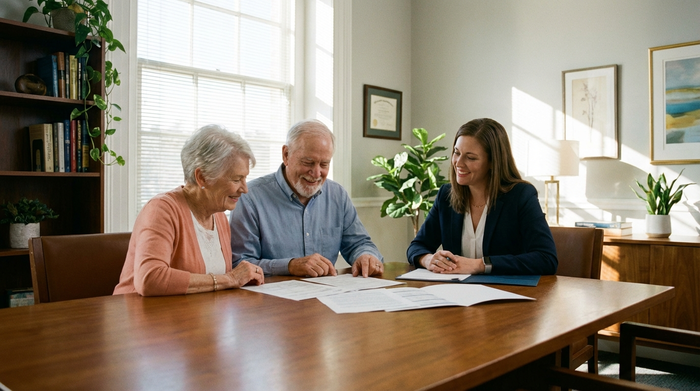 Ein älteres Ehepaar sitzt mit einer Beraterin an einem Holztisch, sie schauen entspannt auf einige Dokumente. Helles Tageslicht, seriöse und vertrauensvolle Stimmung in einem aufgeräumten Büro.