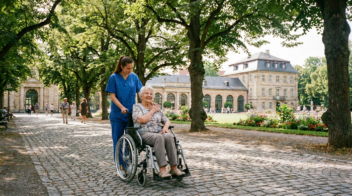 Ein entspannter Spaziergang im Erlanger Schlossgarten an einem sonnigen Nachmittag. Eine junge Pflegekraft schiebt behutsam einen Rollstuhl mit einer Seniorin über einen gepflasterten Weg, umgeben von alten, grünen Bäumen.