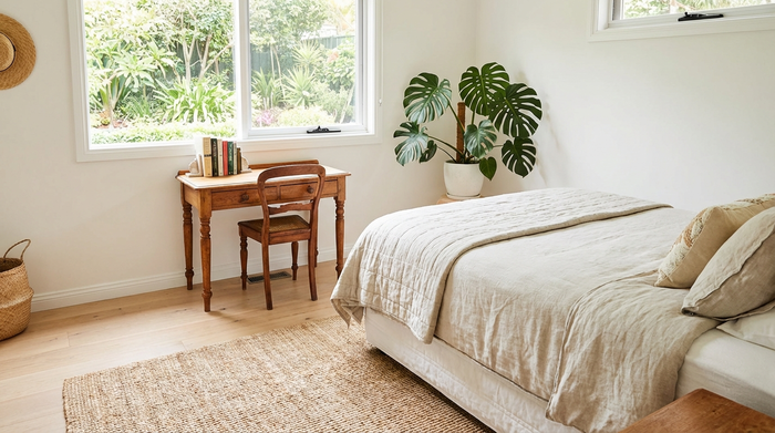 Ein freundlich eingerichtetes, helles Gästezimmer mit einem komfortablen Bett, einem kleinen Schreibtisch, einer Zimmerpflanze und einem Fenster mit Blick in den Garten. Sauber, aufgeräumt und einladend.