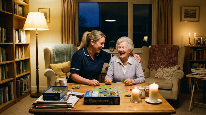 Eine Pflegekraft und eine Seniorin spielen gemeinsam ein Brettspiel am Wohnzimmertisch und lachen herzlich. Warme Beleuchtung, gemütliche Einrichtung, entspannte Stimmung am Abend.