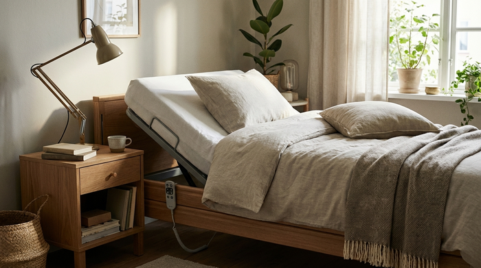 Ein sauberes, elektrisch verstellbares Pflegebett in einem gemütlichen Schlafzimmer, das Kopfteil ist leicht aufgerichtet. Auf dem Nachttisch daneben steht eine stilvolle Leselampe. Realistische Fotografie, hell und einladend, ohne Text.