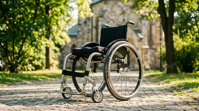 Ein moderner, leichter Rollstuhl aus Aluminium steht auf einem gepflasterten Weg in einem sonnigen Park, umgeben von grünen Bäumen. Im Hintergrund ist unscharf ein historisches Gebäude zu erkennen. Hochwertige Fotografie, keine Schriftzüge.