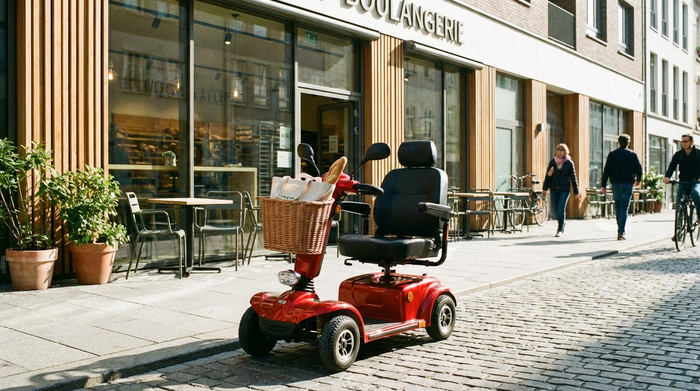 Ein rotes Elektromobil für Senioren steht ordentlich geparkt vor einer modernen Bäckerei an einem sonnigen Vormittag. Ein praktischer Korb ist am Lenker befestigt. Realistische Straßenszene, klare Farben, ohne lesbaren Text.