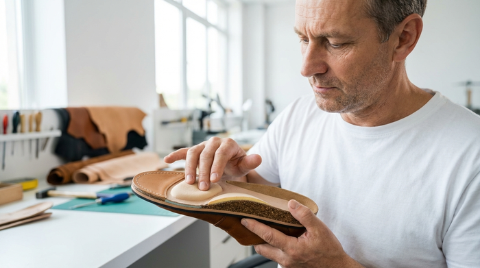 Ein Orthopädieschuhmacher in einer hellen, modernen Werkstatt hält eine hochwertige, maßgefertigte orthopädische Einlage in den Händen. Er prüft die weiche Polsterung mit den Fingern. Im Hintergrund unscharfe Werkzeuge und Lederstücke auf einer sauberen Werkbank.
