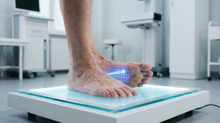 Ein barfüßiger Fuß eines älteren Herrn steht auf einer modernen, leuchtenden 3D-Scanner-Glasplatte in einem sauberen Sanitätshaus. Ein sanftes blaues Licht tastet die Fußsohle ab. Professionelle, medizinische Atmosphäre ohne sichtbare Bildschirme oder Text.