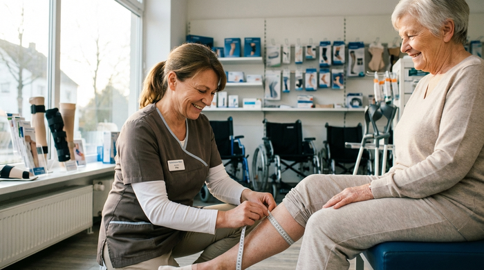 Eine freundliche Fachverkäuferin im Sanitätshaus misst am frühen Morgen mit einem flexiblen Maßband behutsam den Wadenumfang einer lächelnden Seniorin. Helle, einladende Umgebung mit aufgeräumten Regalen im Hintergrund.