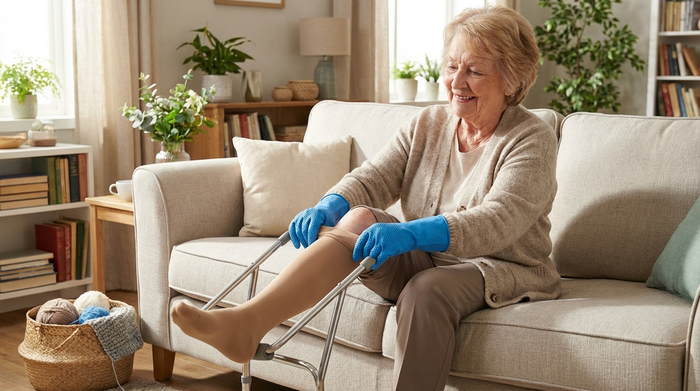Eine ältere Dame sitzt bequem auf einem hellen Sofa und nutzt ein spezielles metallenes Anziehgestell, um mühelos in ihren medizinischen Kompressionsstrumpf zu schlüpfen. Sie trägt griffige Gummihandschuhe an den Händen.