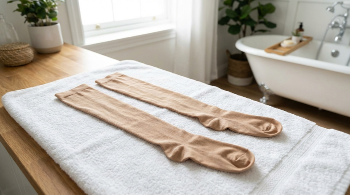 Zwei saubere, hautfarbene Kompressionsstrümpfe liegen flach und ordentlich auf einem flauschigen weißen Handtuch zum Trocknen. Sanftes, natürliches Licht fällt durch ein nahegelegenes Fenster in ein aufgeräumtes Badezimmer.