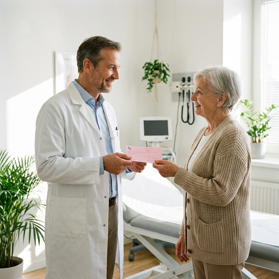 Ein Arzt in einem sauberen, hellen Behandlungszimmer überreicht einer älteren Patientin mit einem freundlichen Lächeln ein rosafarbenes Rezept. Realistische medizinische Umgebung, sanftes Licht.
