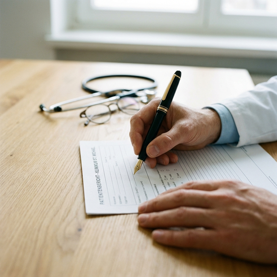 Nahaufnahme der Hände eines Arztes, der mit einem hochwertigen Stift ein medizinisches Dokument ausfüllt. Ein Stethoskop liegt unscharf im Hintergrund auf dem hellen Holztisch.