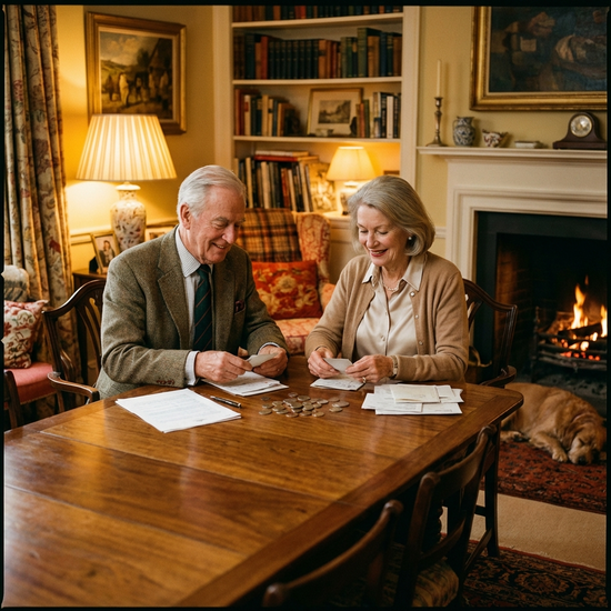 Ein elegant gekleidetes Seniorenpaar sitzt an einem Esszimmertisch und sortiert entspannt einige Papiere und Münzen. Gemütliches Zuhause, warme Beleuchtung, harmonische Stimmung.