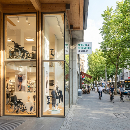 Die einladende, moderne Glasfassade eines Sanitätshauses an einer gepflegten Straße. Helle Schaufenster zeigen diskret medizinische Hilfsmittel, strahlender Sonnenschein, realistische Stadtumgebung.