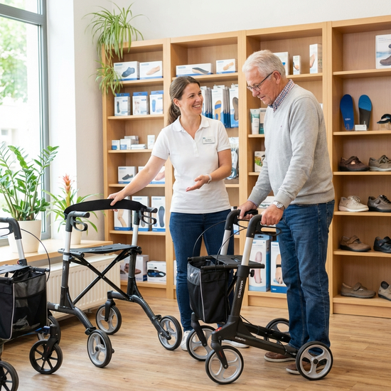 Eine kompetente Fachberaterin im Sanitätshaus zeigt einem interessierten Senior verschiedene Modelle von Gehhilfen. Freundliche Atmosphäre, aufgeräumter Verkaufsraum mit Holzregalen.