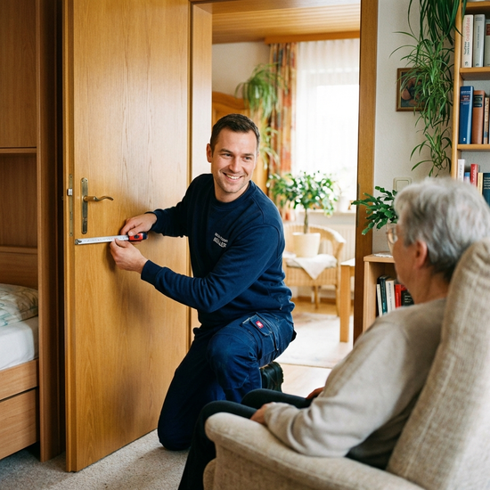 Ein freundlicher Reha-Techniker in sauberer Arbeitskleidung misst mit einem Maßband die Breite einer Zimmertür in einem gemütlichen Zuhause aus. Professionell und rücksichtsvoll.