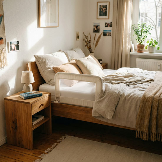 Ein moderner, bequemer Pflegebett-Einsatz in einem hellen, liebevoll eingerichteten Schlafzimmer. Ein Nachttisch mit einer kleinen Lampe und einem Buch steht daneben, friedliche Atmosphäre.
