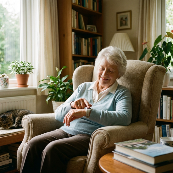 Eine ältere Dame sitzt entspannt in einem bequemen Sessel und drückt lächelnd den Knopf eines dezenten Hausnotrufs an ihrem Handgelenk. Sicherheit und Geborgenheit im eigenen Zuhause.